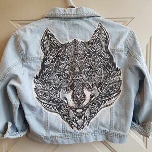 girls denim jacket with Aztec style wolf back patch, reworked jean jacket